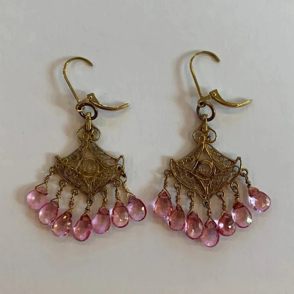 Handmade Pink Tourmaline Gold Vermeil Fan-Shaped Drop Earrings Bespoke Jewelry - Picture 3 of 5